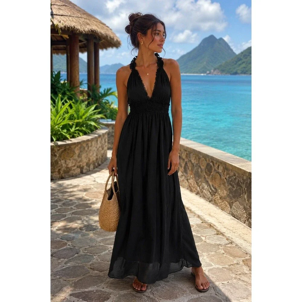 Boston Proper Black Crochet Maxi Dress Size 10 Gauzy Cotton New NWT Cover Up